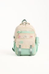 Roxbros Kore Tarzı Aksesuarlı Kız Çocuk Okul Çantası & Erkek Çocuk Sırt Çantası İlkokul, Ortaokul, Lise (SU YESILI - KREM)