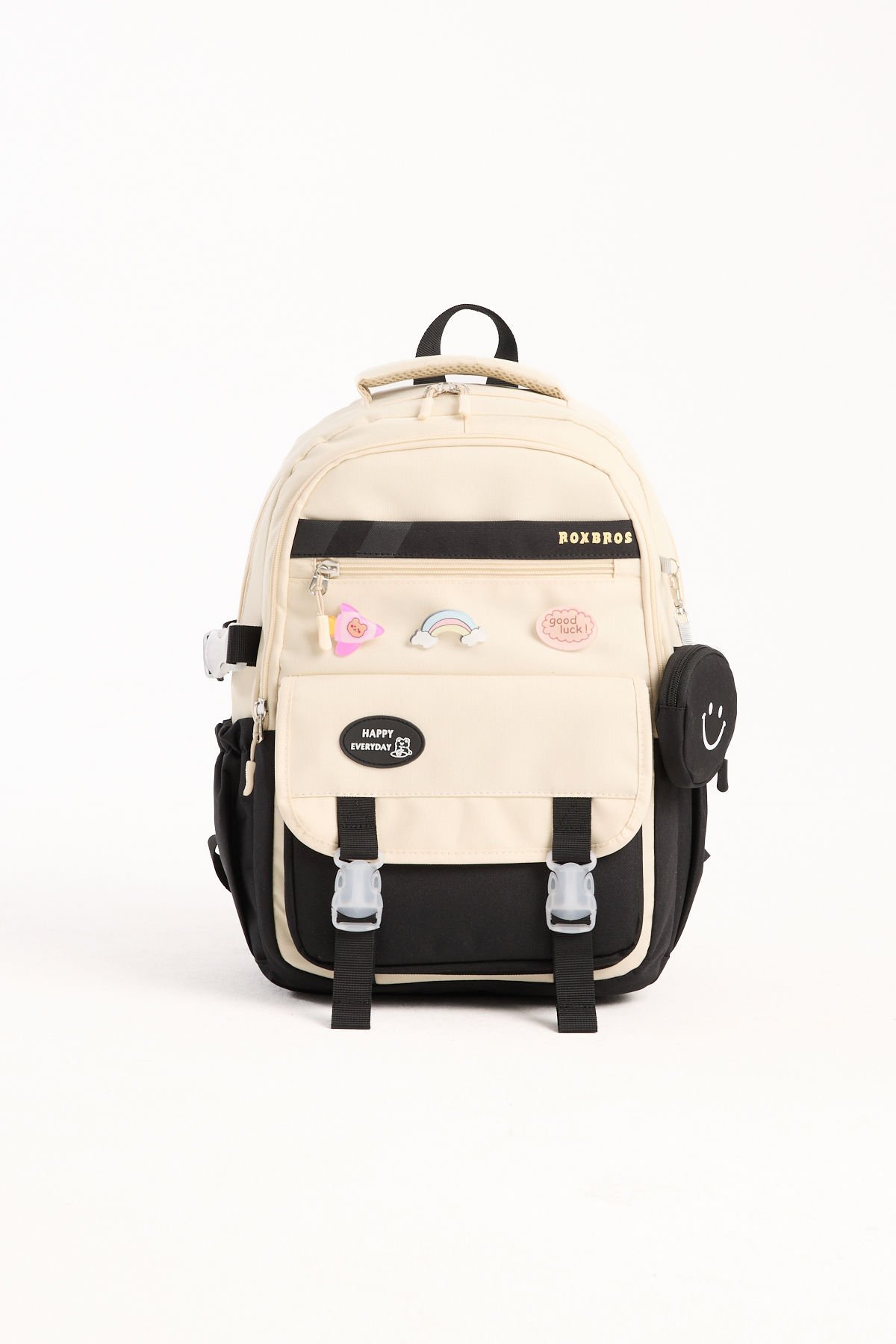 Roxbros Kore Tarzı Aksesuarlı Kız Çocuk Okul Çantası & Erkek Çocuk Sırt Çantası İlkokul, Ortaokul, Lise (SIYAH - KREM)