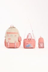 Roxbros Kore Tarzı Aksesuarlı 3'lü Kız Çocuk Okul Çantası & Beslenme ve Kalemlikli İlkokul Sırt Çantası (PUDRA - KREM)