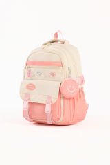 Roxbros Kore Tarzı Aksesuarlı 3'lü Kız Çocuk Okul Çantası & Beslenme ve Kalemlikli İlkokul Sırt Çantası (PUDRA - KREM)