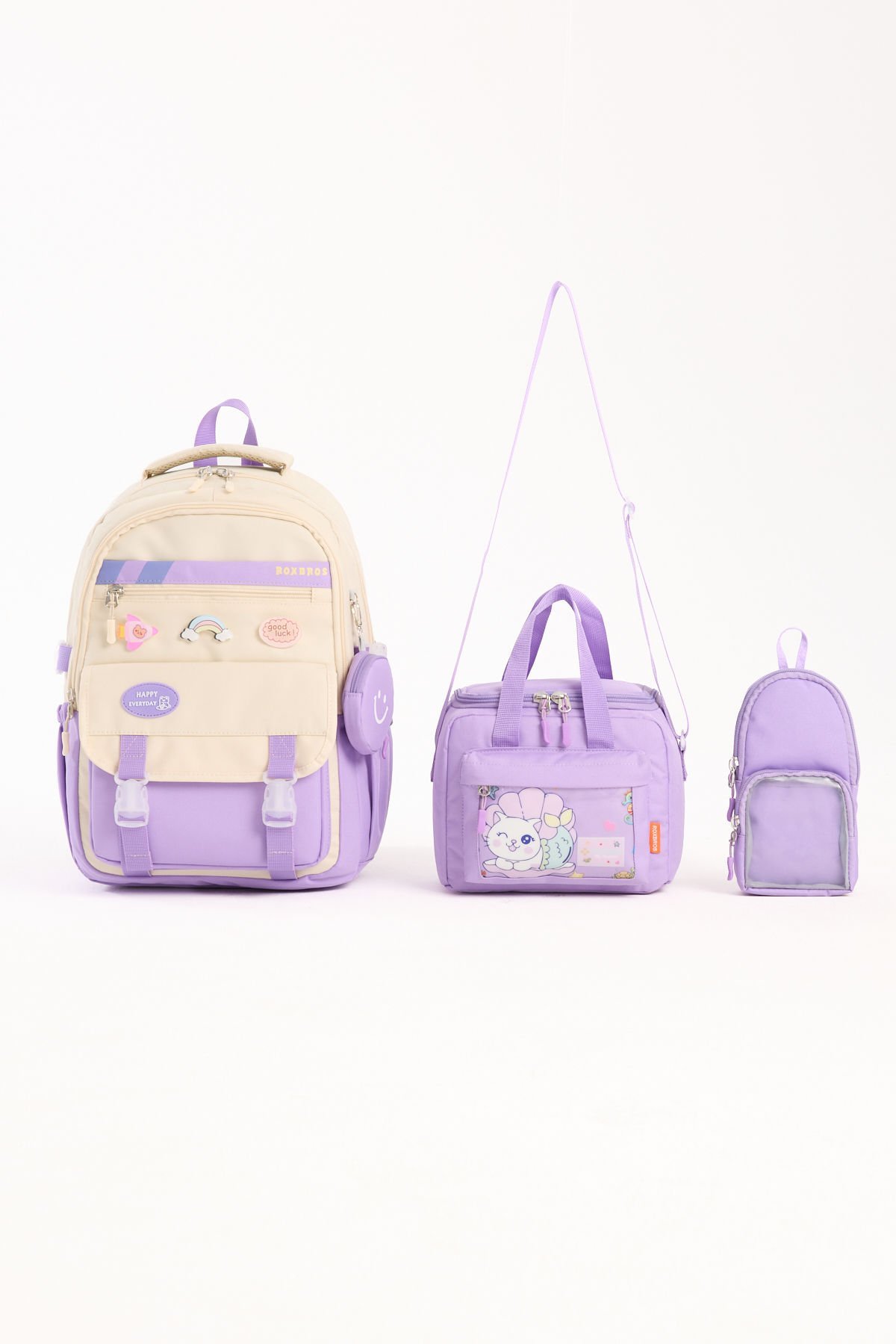Roxbros Kore Tarzı Aksesuarlı 3'lü Kız Çocuk Okul Çantası & Beslenme ve Kalemlikli İlkokul Sırt Çantası (LILA - KREM)