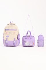 Roxbros Kore Tarzı Aksesuarlı 3'lü Kız Çocuk Okul Çantası & Beslenme ve Kalemlikli İlkokul Sırt Çantası (LILA - KREM)