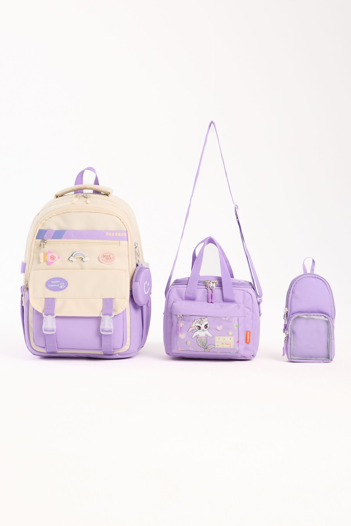 Roxbros Kore Tarzı Aksesuarlı 3'lü Kız Çocuk Okul Çantası & Beslenme ve Kalemlikli İlkokul Sırt Çantası (LILA - KREM)