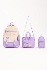 Roxbros Kore Tarzı Aksesuarlı 3'lü Kız Çocuk Okul Çantası & Beslenme ve Kalemlikli İlkokul Sırt Çantası (LILA - KREM)