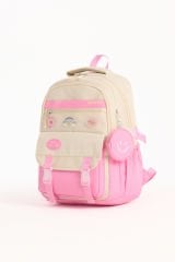 Roxbros Kore Tarzı Aksesuarlı 3'lü Kız Çocuk Okul Çantası & Beslenme ve Kalemlikli İlkokul Sırt Çantası (PEMBE - KREM)