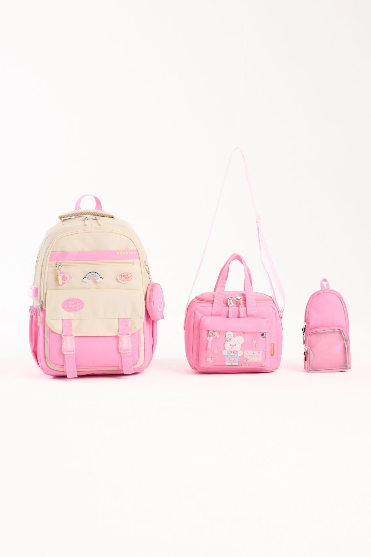 Roxbros Kore Tarzı Aksesuarlı 3'lü Kız Çocuk Okul Çantası & Beslenme ve Kalemlikli İlkokul Sırt Çantası (PEMBE - KREM)