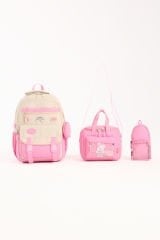 Roxbros Kore Tarzı Aksesuarlı 3'lü Kız Çocuk Okul Çantası & Beslenme ve Kalemlikli İlkokul Sırt Çantası (PEMBE - KREM)