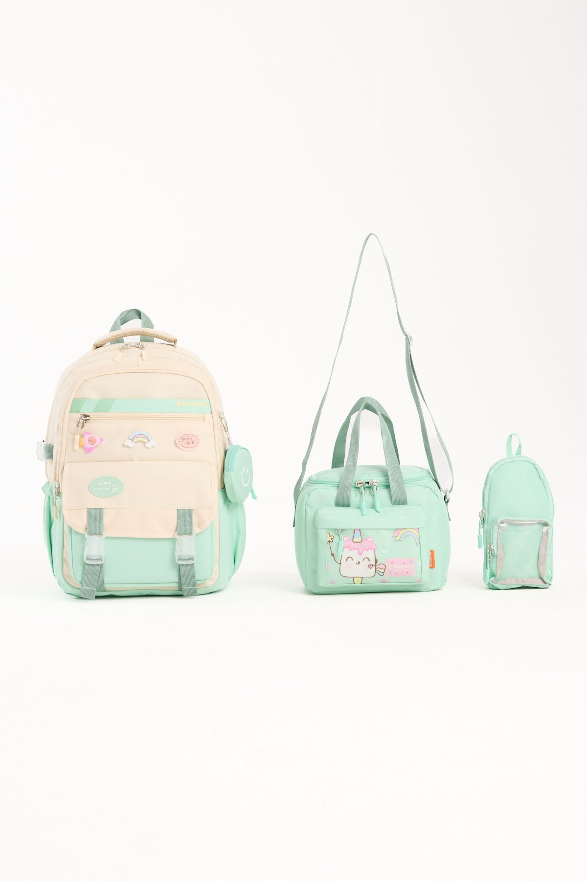 Roxbros Kore Tarzı Aksesuarlı 3'lü Kız Çocuk Okul Çantası & Beslenme ve Kalemlikli İlkokul Sırt Çantası (SU YESILI - KREM)