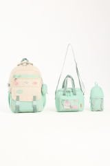 Roxbros Kore Tarzı Aksesuarlı 3'lü Kız Çocuk Okul Çantası & Beslenme ve Kalemlikli İlkokul Sırt Çantası (SU YESILI - KREM)