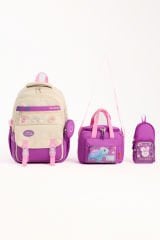 Roxbros Kore Tarzı Aksesuarlı 3'lü Kız Çocuk Okul Çantası & Beslenme ve Kalemlikli İlkokul Sırt Çantası (MOR - KREM)