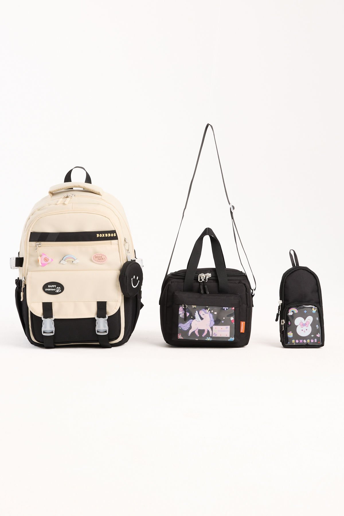 Roxbros Kore Tarzı Aksesuarlı 3'lü Kız Çocuk Okul Çantası & Beslenme ve Kalemlikli İlkokul Sırt Çantası (SIYAH - KREM)