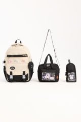 Roxbros Kore Tarzı Aksesuarlı 3'lü Kız Çocuk Okul Çantası & Beslenme ve Kalemlikli İlkokul Sırt Çantası (SIYAH - KREM)