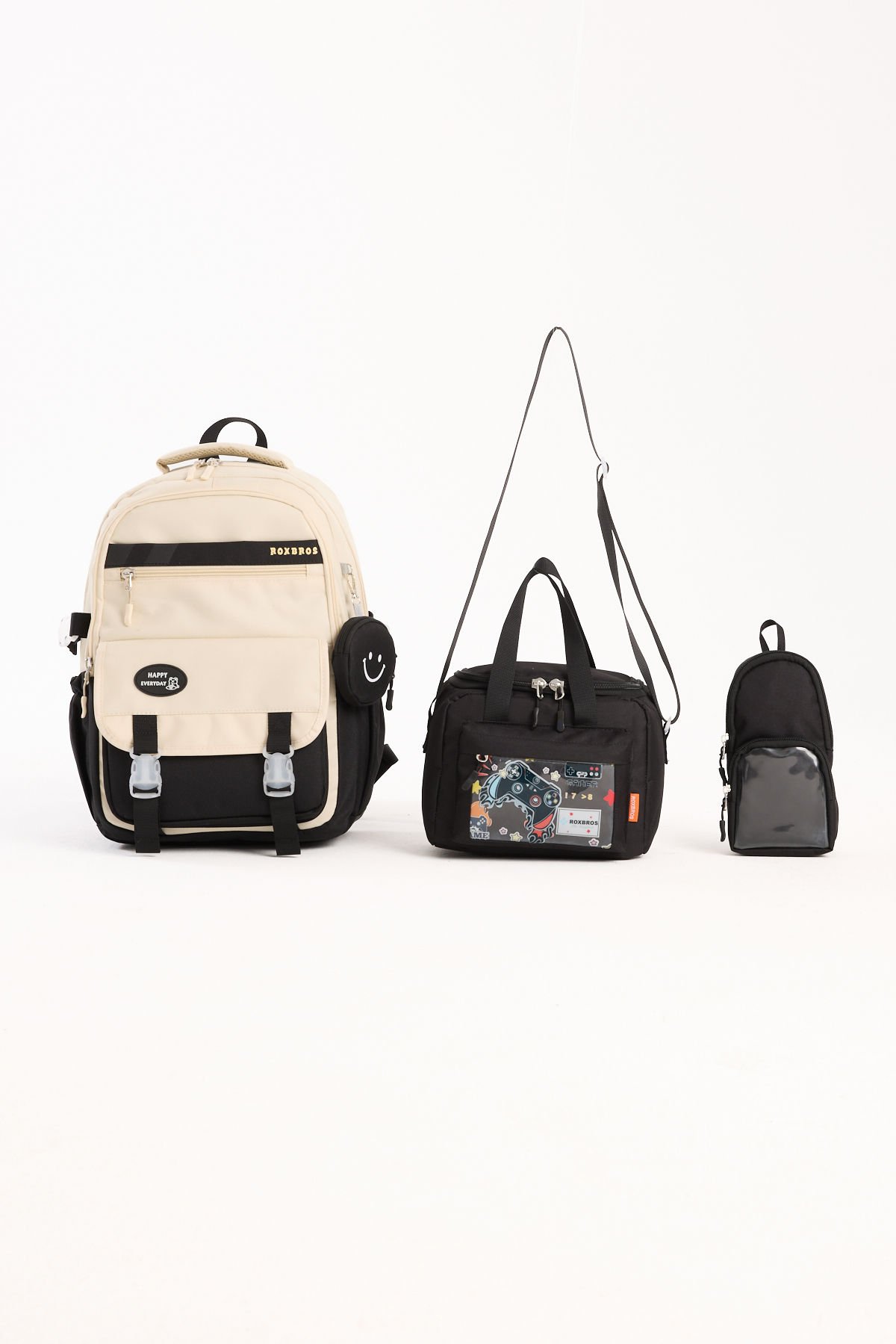 Roxbros Kore Tarzı Aksesuarlı 3'lü Erkek Çocuk Okul Çantası & Beslenme ve Kalemlikli İlkokul Sırt Çantası (SIYAH - KREM)