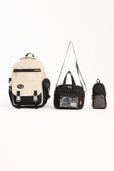 Roxbros Kore Tarzı Aksesuarlı 3'lü Erkek Çocuk Okul Çantası & Beslenme ve Kalemlikli İlkokul Sırt Çantası (SIYAH - KREM)