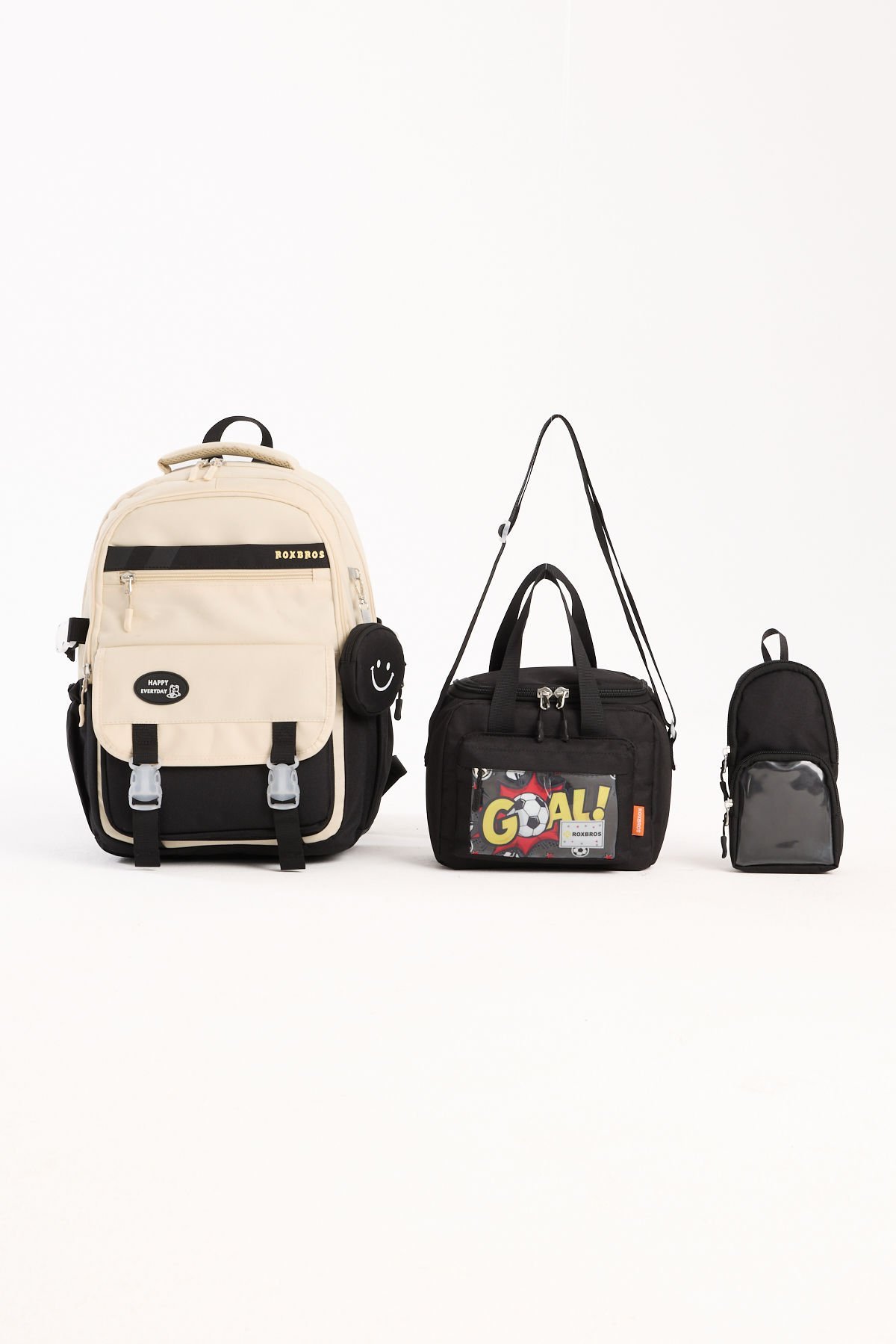 Roxbros Kore Tarzı Aksesuarlı 3'lü Erkek Çocuk Okul Çantası & Beslenme ve Kalemlikli İlkokul Sırt Çantası (SIYAH - KREM)