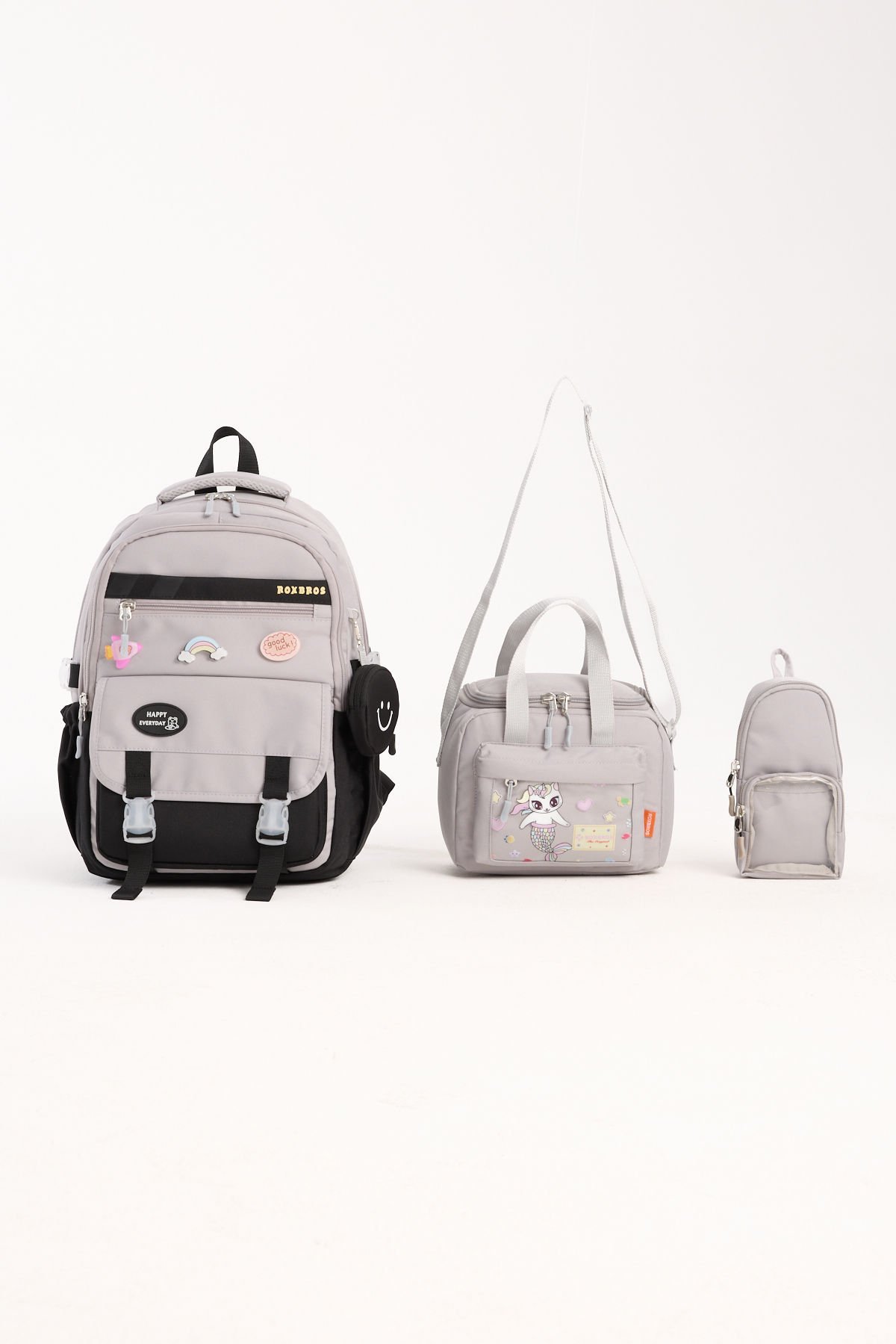 Roxbros Kore Tarzı Aksesuarlı 3'lü Kız Çocuk Okul Çantası & Beslenme ve Kalemlikli İlkokul Sırt Çantası (SIYAH - GRI)