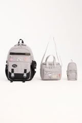 Roxbros Kore Tarzı Aksesuarlı 3'lü Kız Çocuk Okul Çantası & Beslenme ve Kalemlikli İlkokul Sırt Çantası (SIYAH - GRI)