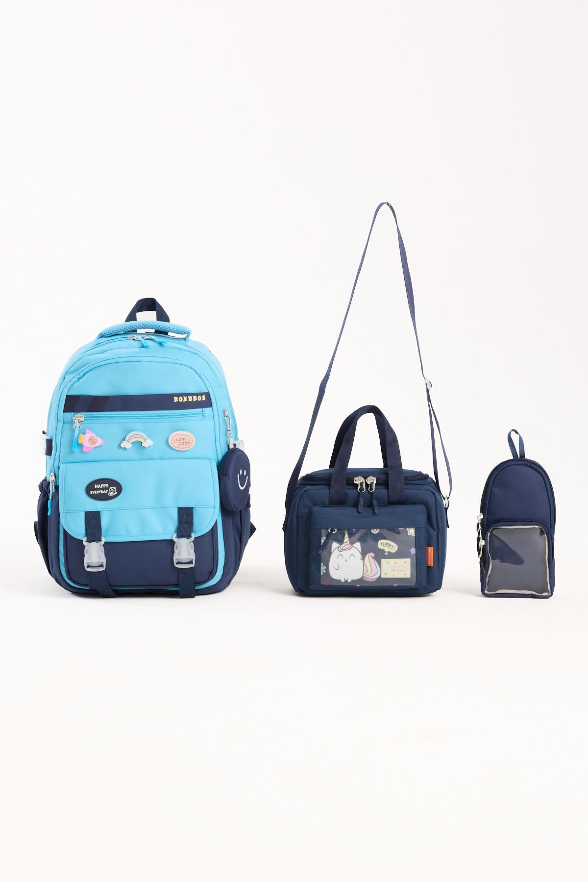 Roxbros Kore Tarzı Aksesuarlı 3'lü Kız Çocuk Okul Çantası & Beslenme ve Kalemlikli İlkokul Sırt Çantası (LACIVERT - MAVI)