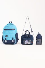 Roxbros Kore Tarzı Aksesuarlı 3'lü Erkek Çocuk Okul Çantası & Beslenme ve Kalemlikli İlkokul Sırt Çantası (LACIVERT - MAVI)
