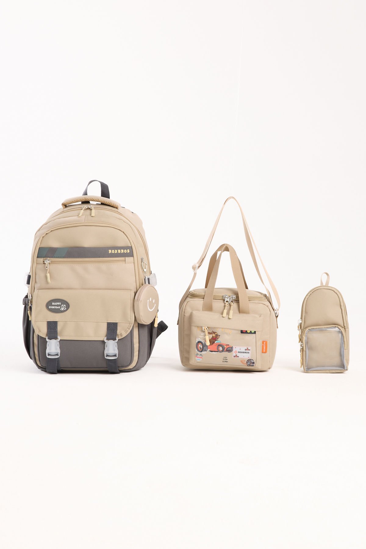 Roxbros Kore Tarzı Aksesuarlı 3'lü Erkek Çocuk Okul Çantası & Beslenme ve Kalemlikli İlkokul Sırt Çantası (KAHVERENGI - BEJ)
